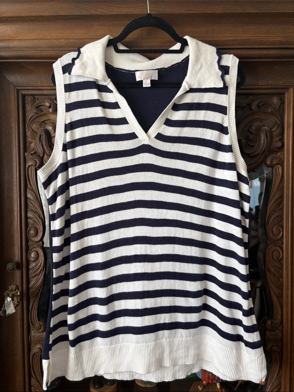 Belle by Kim Gravel Sleeveless Striped Polo Tank - White & Navy